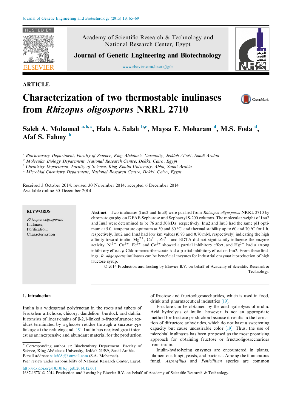 Characterization of two thermostable inulinases from Rhizopus oligosporus NRRL 2710 