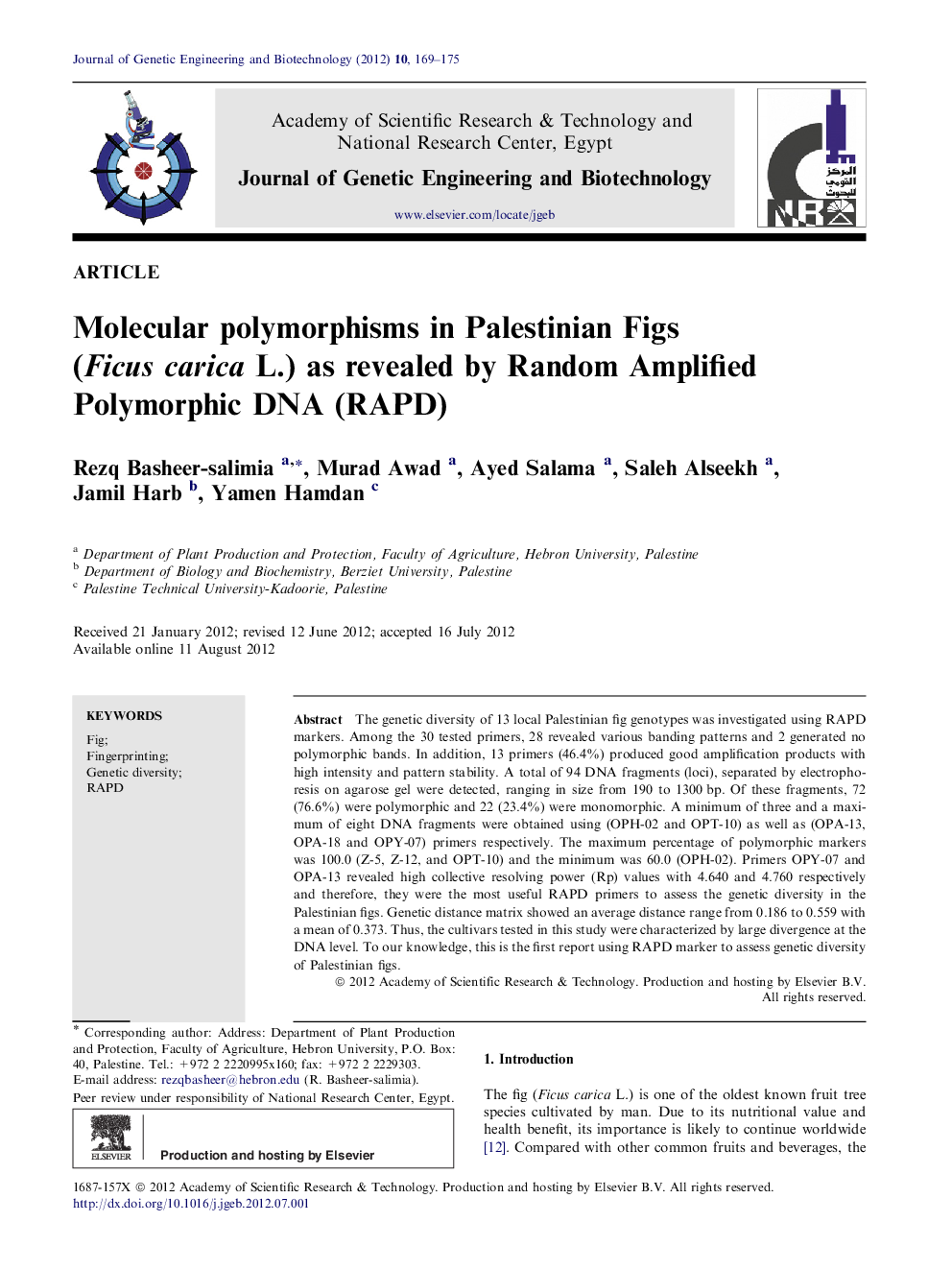 Molecular polymorphisms in Palestinian Figs (Ficus carica L.) as revealed by Random Amplified Polymorphic DNA (RAPD) 