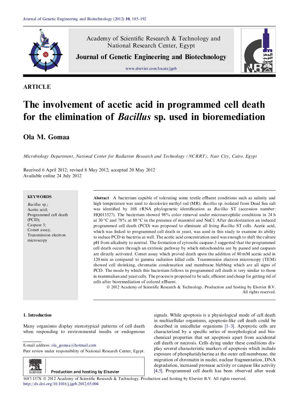 The involvement of acetic acid in programmed cell death for the elimination of Bacillus sp. used in bioremediation 