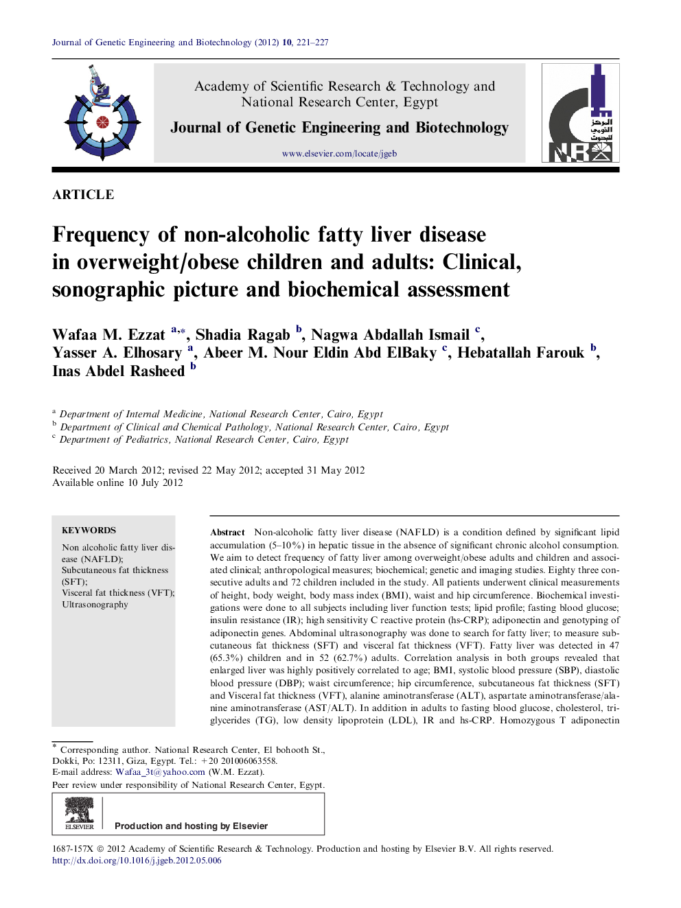 Frequency of non-alcoholic fatty liver disease in overweight/obese children and adults: Clinical, sonographic picture and biochemical assessment 