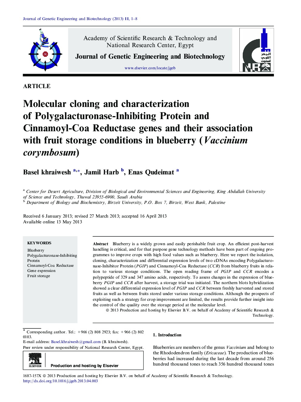 Molecular cloning and characterization of Polygalacturonase-Inhibiting Protein and Cinnamoyl-Coa Reductase genes and their association with fruit storage conditions in blueberry (Vaccinium corymbosum) 