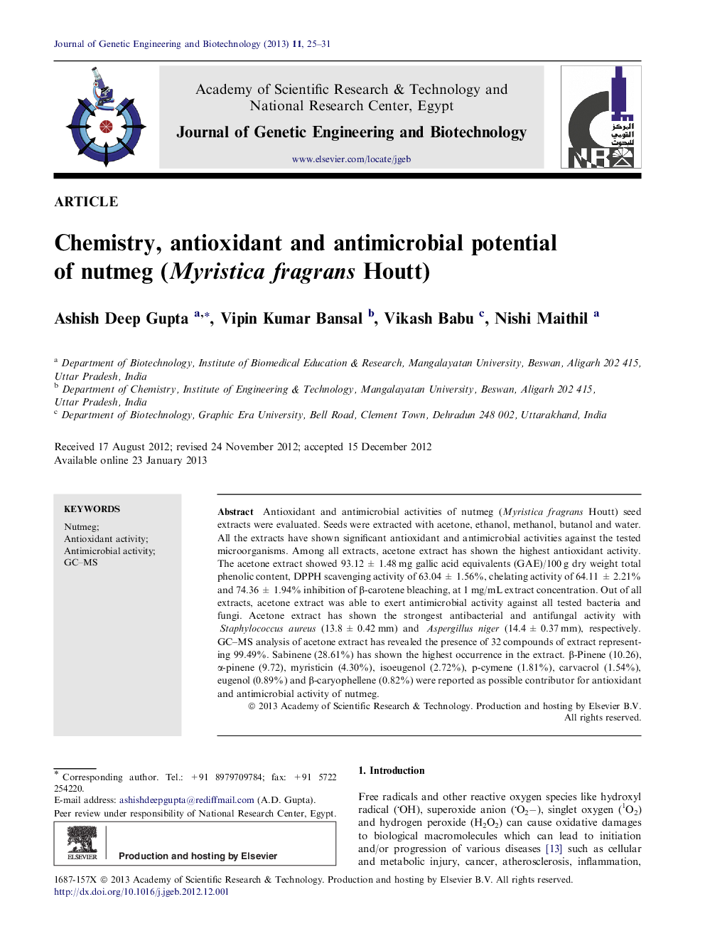 Chemistry, antioxidant and antimicrobial potential of nutmeg (Myristica fragrans Houtt) 