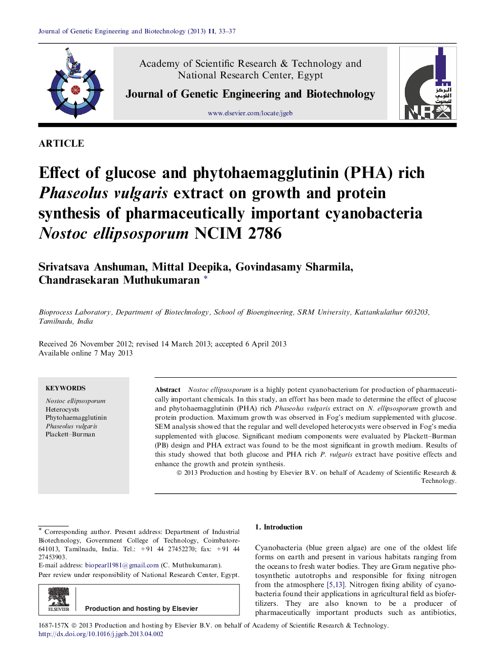 Effect of glucose and phytohaemagglutinin (PHA) rich Phaseolus vulgaris extract on growth and protein synthesis of pharmaceutically important cyanobacteria Nostoc ellipsosporum NCIM 2786 