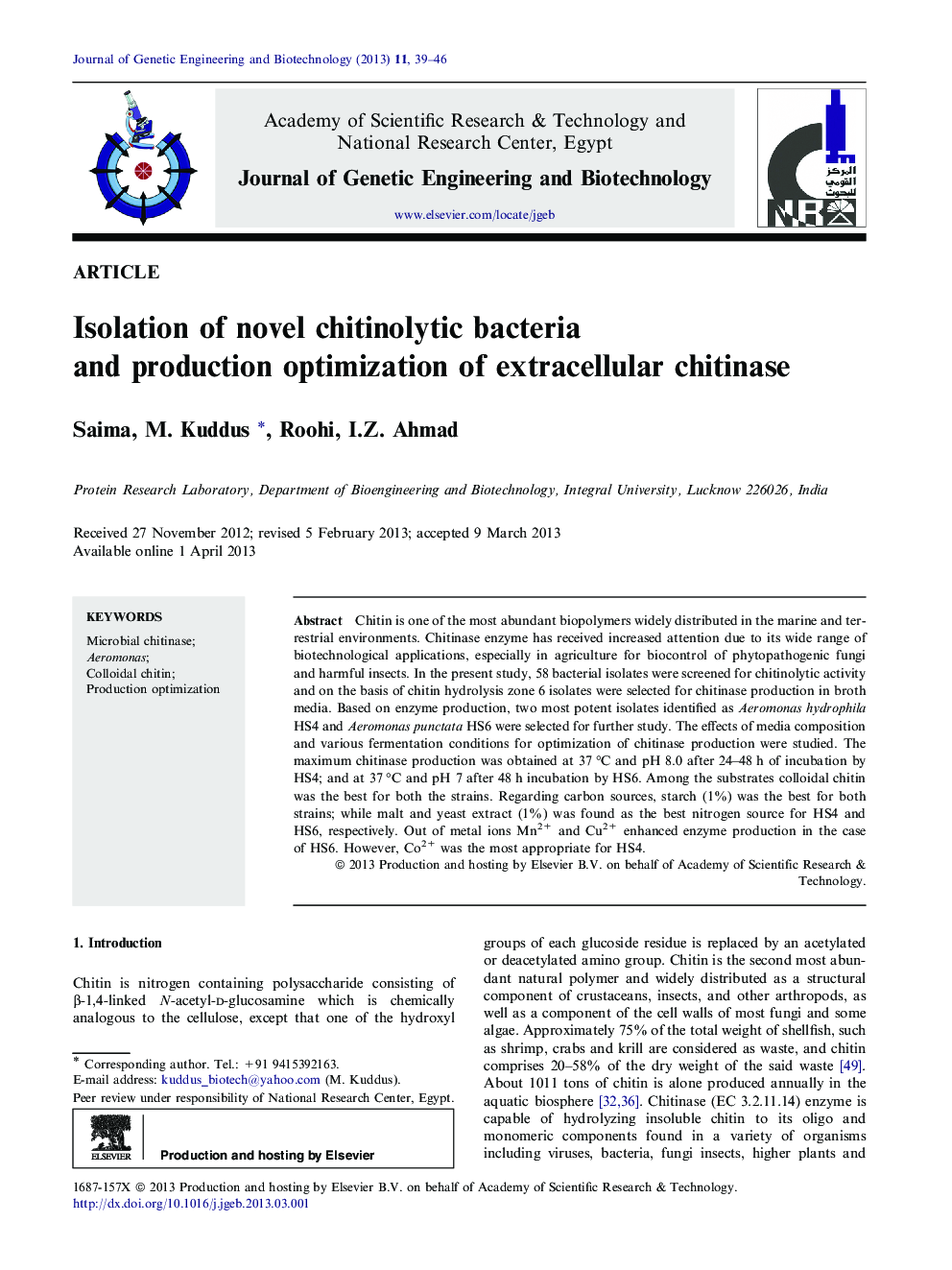 Isolation of novel chitinolytic bacteria and production optimization of extracellular chitinase 