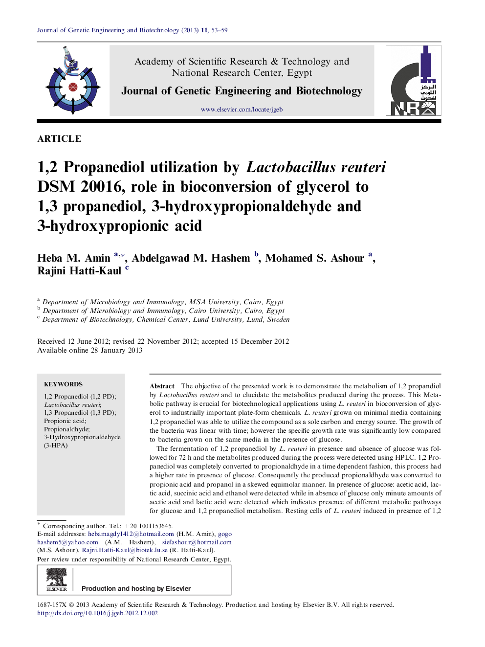 1,2 Propanediol utilization by Lactobacillus reuteri DSM 20016, role in bioconversion of glycerol to 1,3 propanediol, 3-hydroxypropionaldehyde and 3-hydroxypropionic acid 