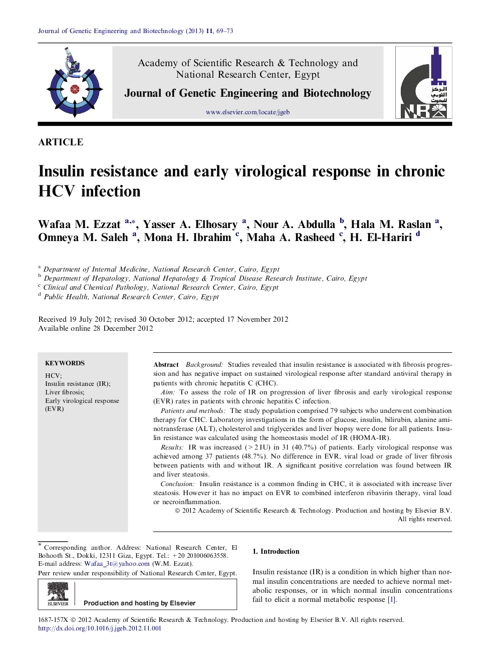 Insulin resistance and early virological response in chronic HCV infection 