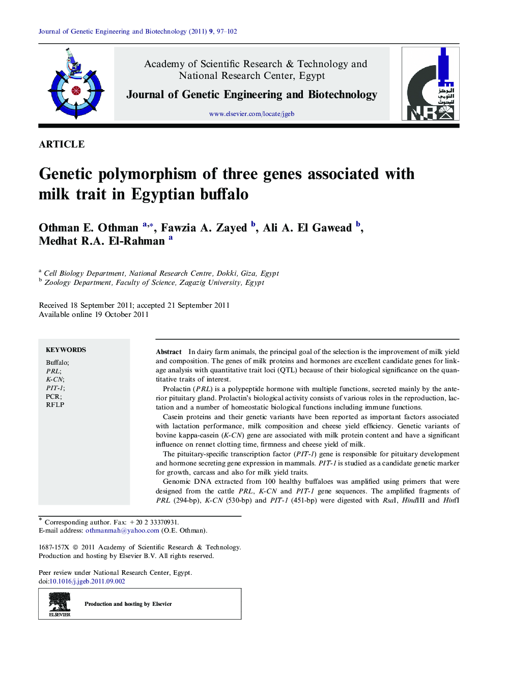 Genetic polymorphism of three genes associated with milk trait in Egyptian buffalo