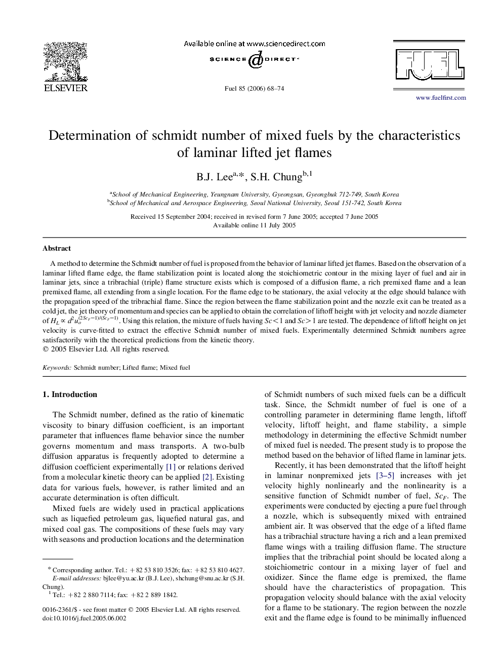 Determination of schmidt number of mixed fuels by the characteristics of laminar lifted jet flames
