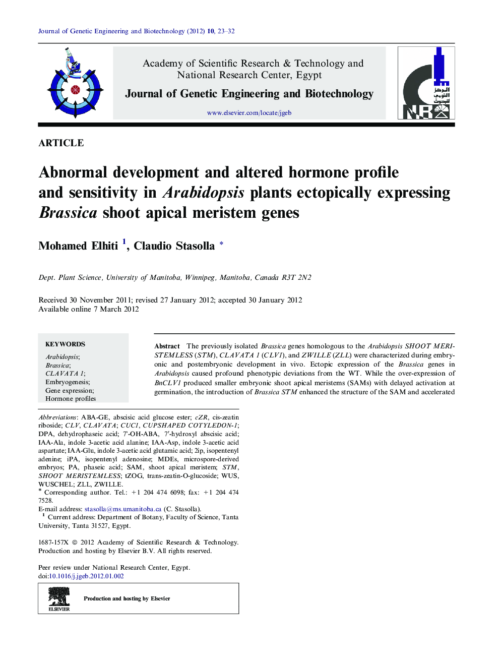 Abnormal development and altered hormone profile and sensitivity in Arabidopsis plants ectopically expressing Brassica shoot apical meristem genes