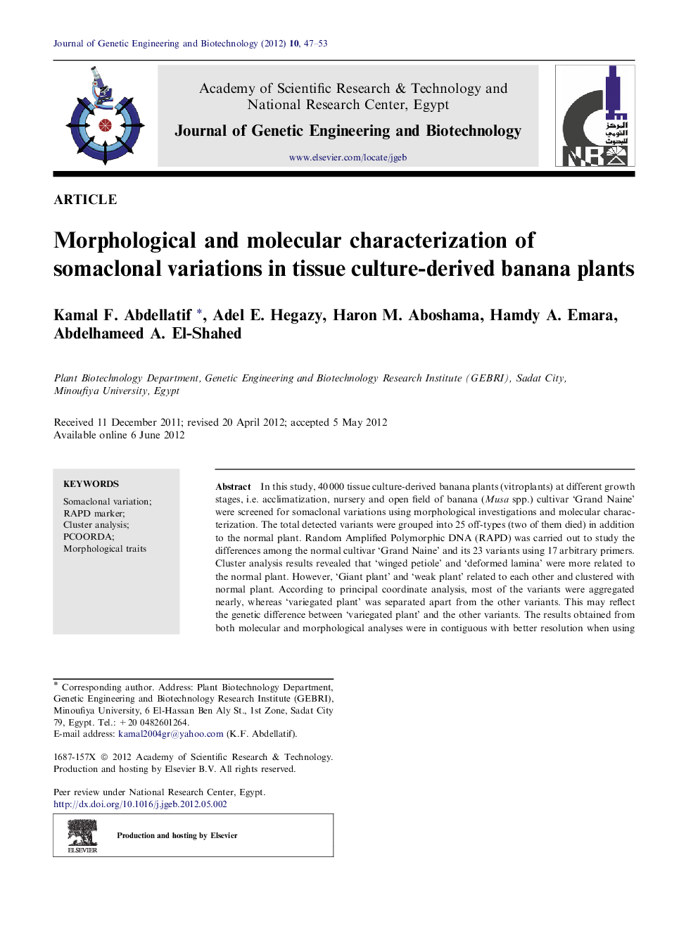 Morphological and molecular characterization of somaclonal variations in tissue culture-derived banana plants