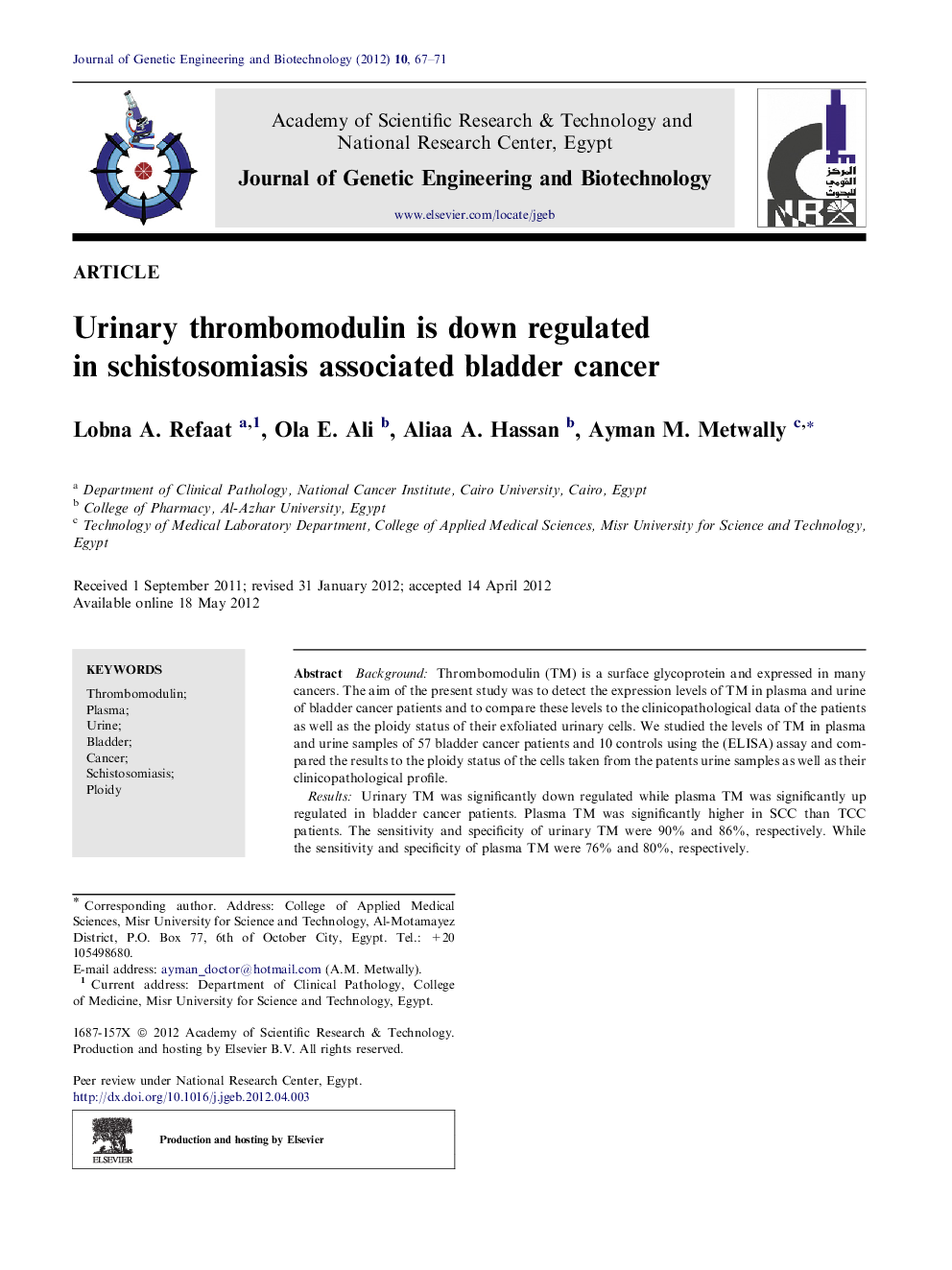 Urinary thrombomodulin is down regulated in schistosomiasis associated bladder cancer