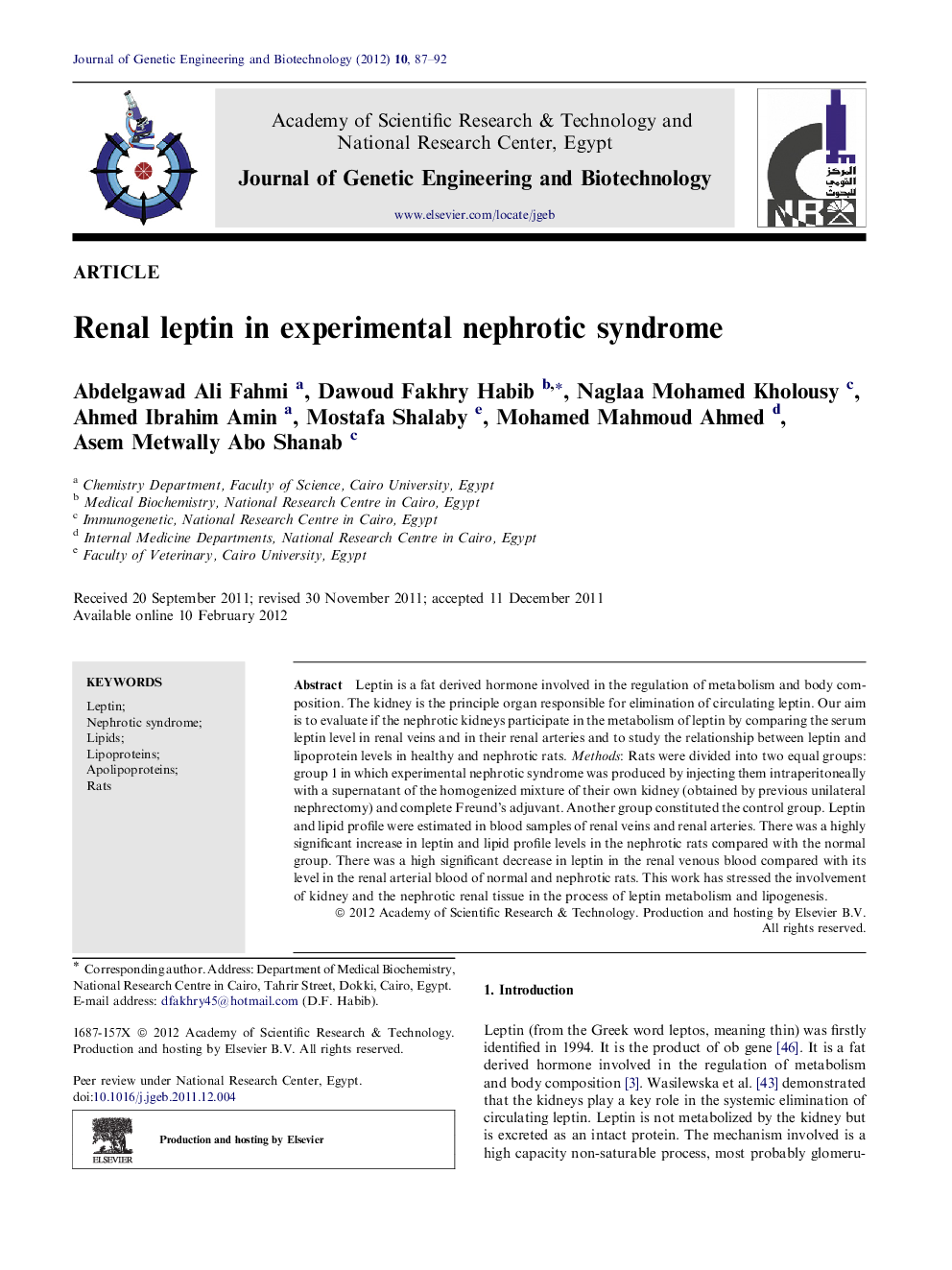 Renal leptin in experimental nephrotic syndrome