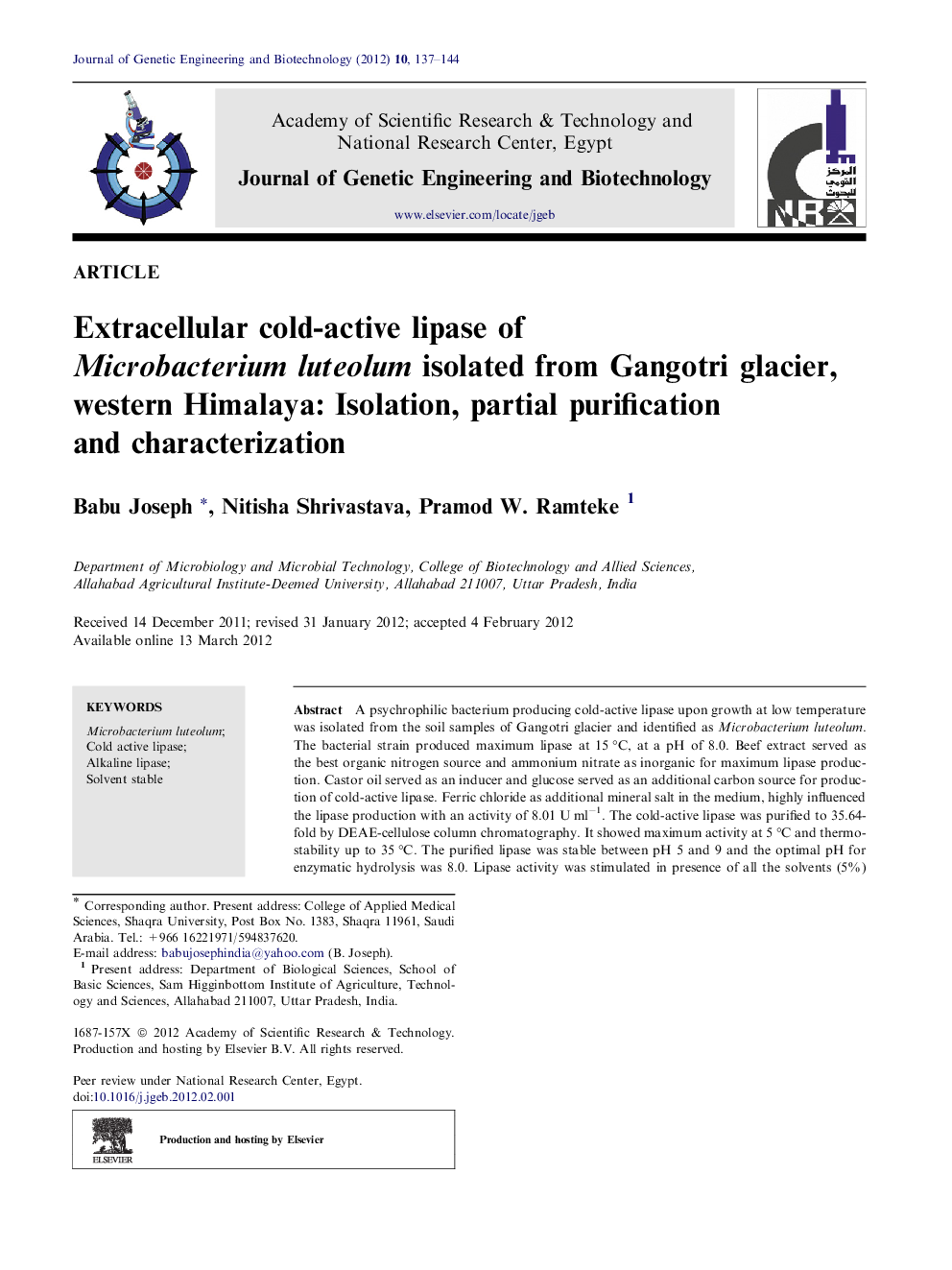 Extracellular cold-active lipase of Microbacterium luteolum isolated from Gangotri glacier, western Himalaya: Isolation, partial purification and characterization