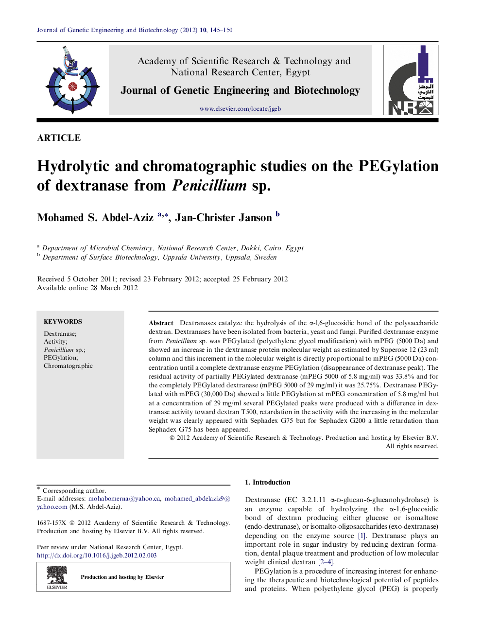 Hydrolytic and chromatographic studies on the PEGylation of dextranase from Penicillium sp.