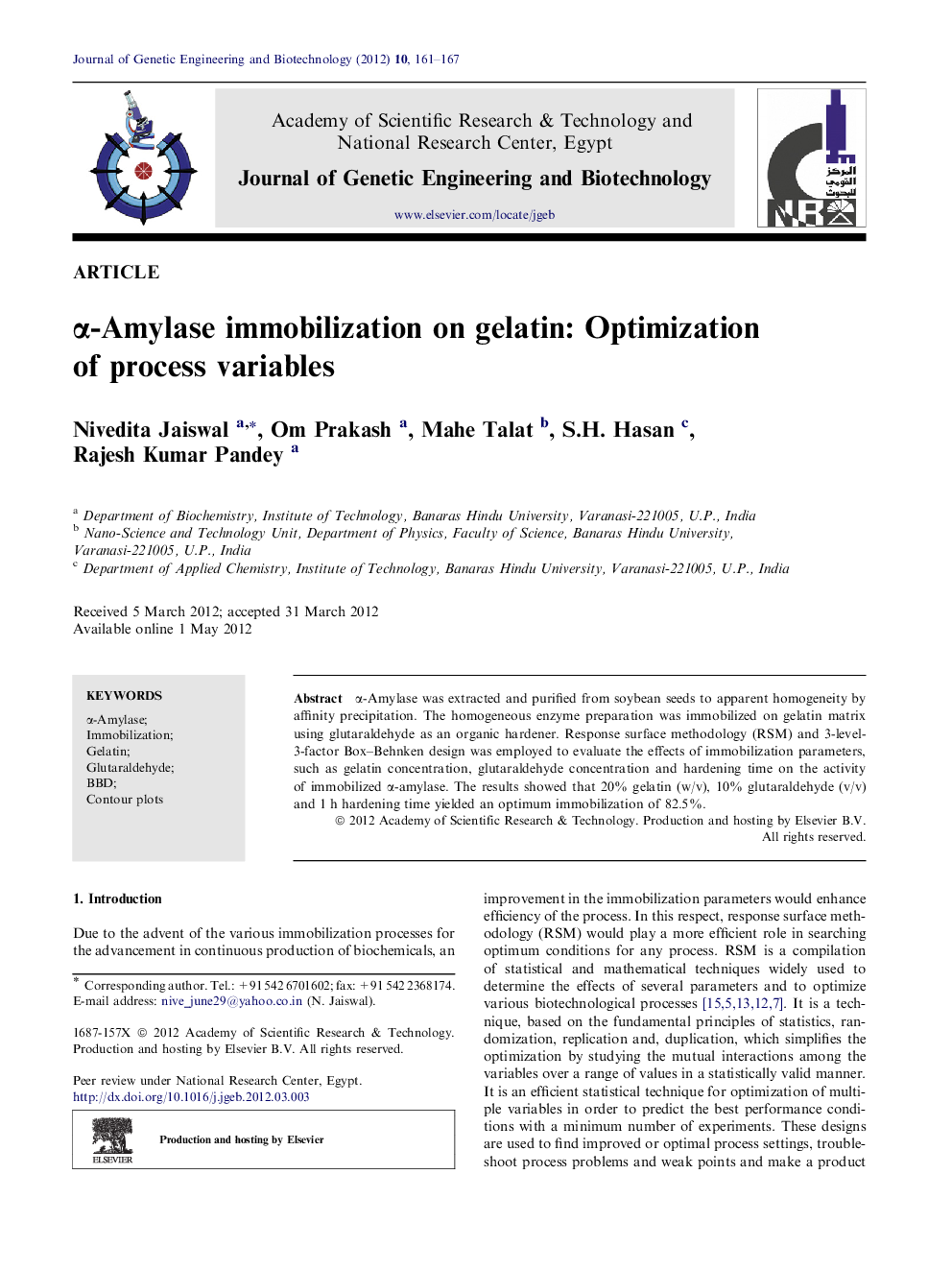 α-Amylase immobilization on gelatin: Optimization of process variables