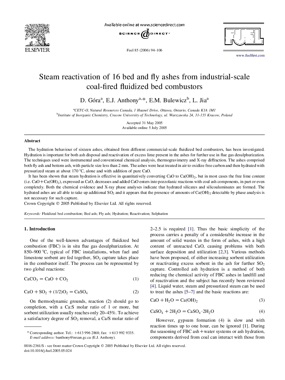 Steam reactivation of 16 bed and fly ashes from industrial-scale coal-fired fluidized bed combustors