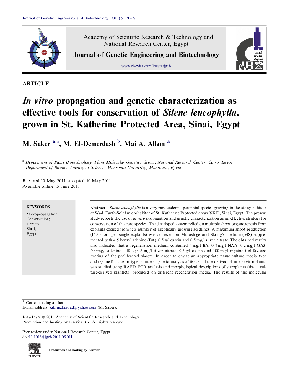 In vitro propagation and genetic characterization as effective tools for conservation of Silene leucophylla, grown in St. Katherine Protected Area, Sinai, Egypt