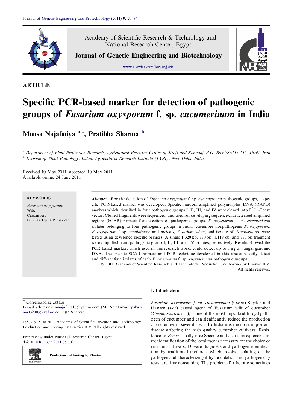 Specific PCR-based marker for detection of pathogenic groups of Fusarium oxysporum f. sp. cucumerinum in India