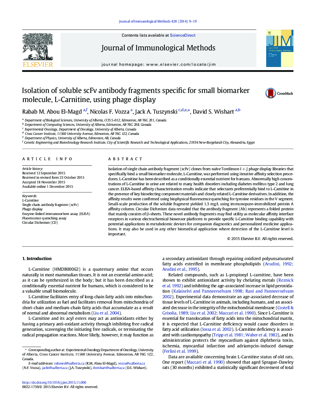 Isolation of soluble scFv antibody fragments specific for small biomarker molecule, L-Carnitine, using phage display