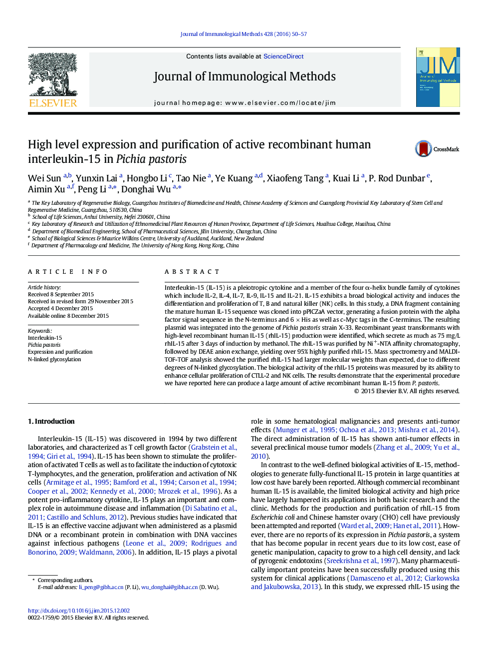 High level expression and purification of active recombinant human interleukin-15 in Pichia pastoris