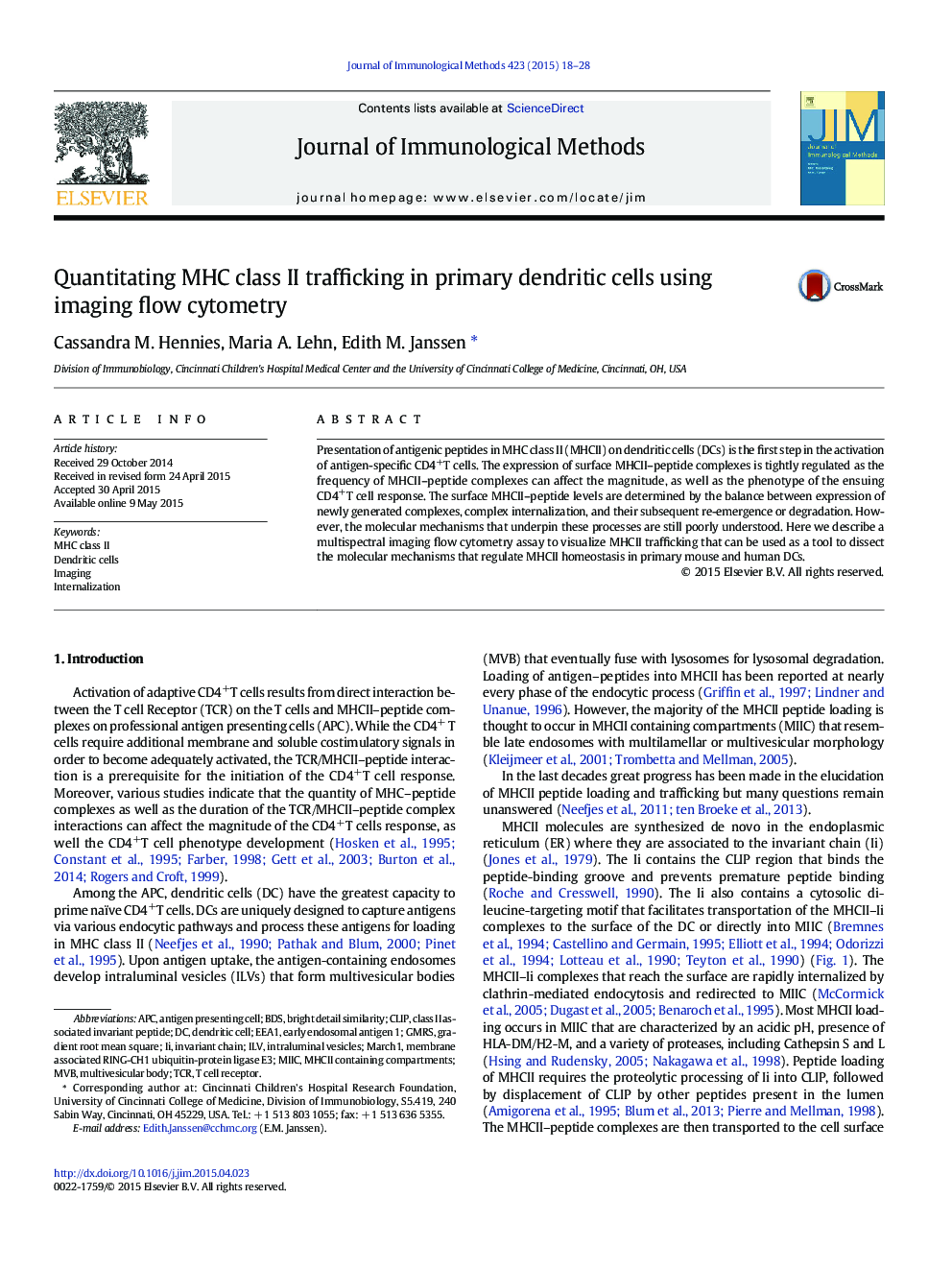 Quantitating MHC class II trafficking in primary dendritic cells using imaging flow cytometry