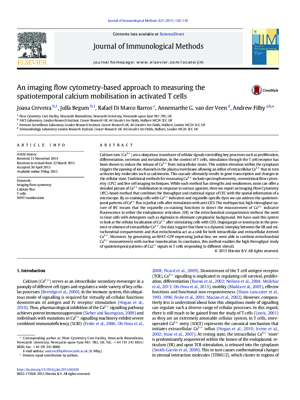 An imaging flow cytometry-based approach to measuring the spatiotemporal calcium mobilisation in activated T cells