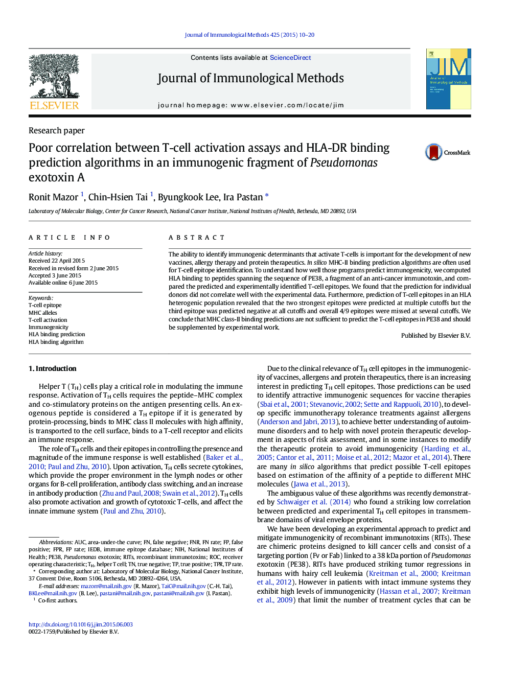 Poor correlation between T-cell activation assays and HLA-DR binding prediction algorithms in an immunogenic fragment of Pseudomonas exotoxin A