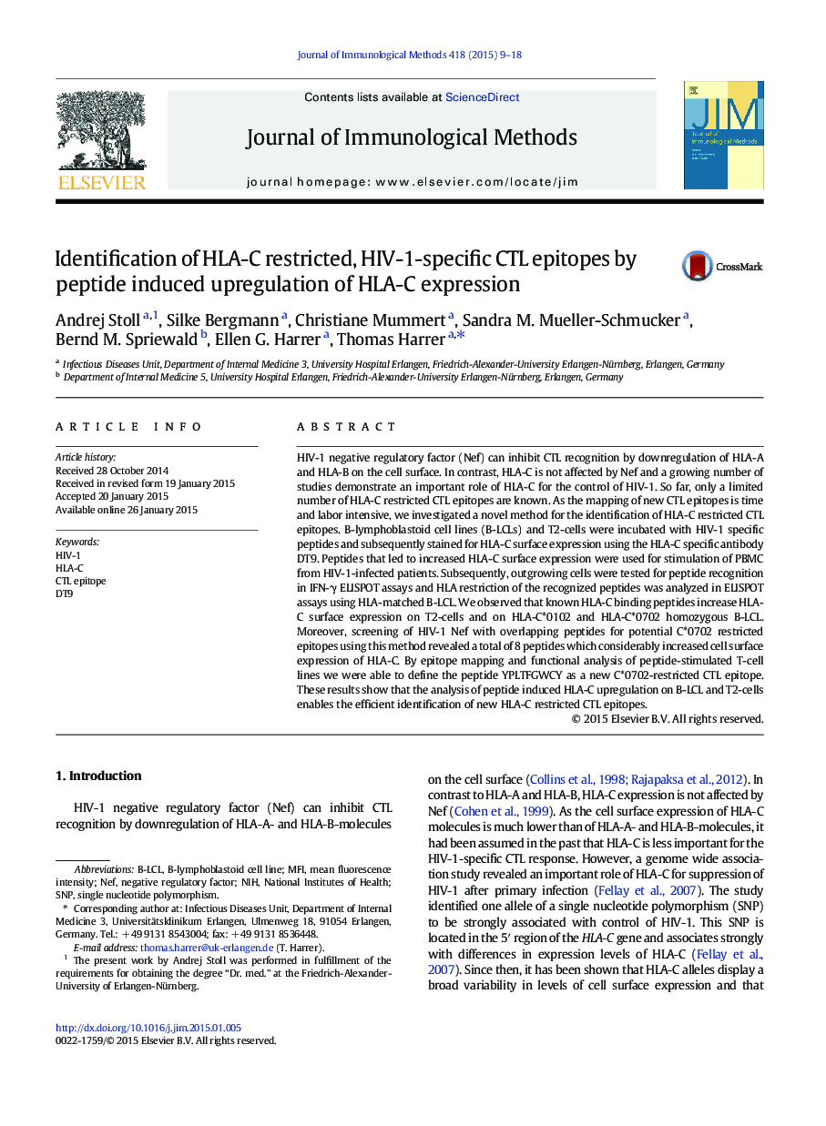 Identification of HLA-C restricted, HIV-1-specific CTL epitopes by peptide induced upregulation of HLA-C expression