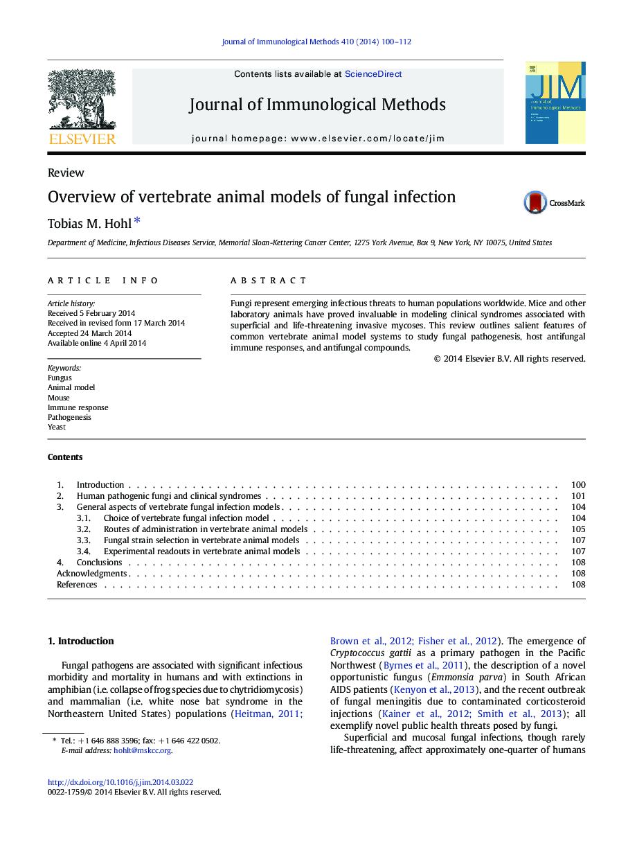 Overview of vertebrate animal models of fungal infection