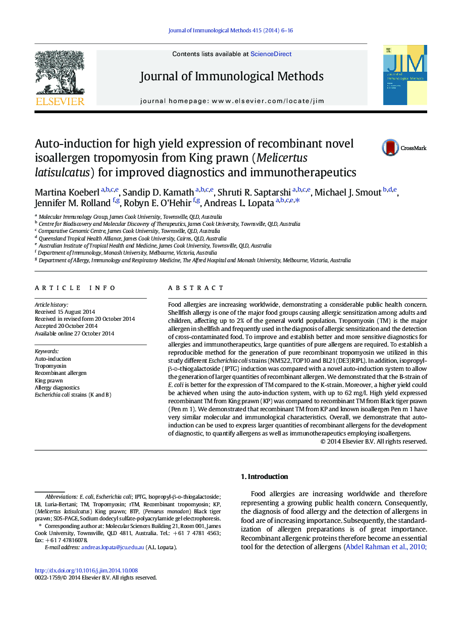 Auto-induction for high yield expression of recombinant novel isoallergen tropomyosin from King prawn (Melicertus latisulcatus) for improved diagnostics and immunotherapeutics