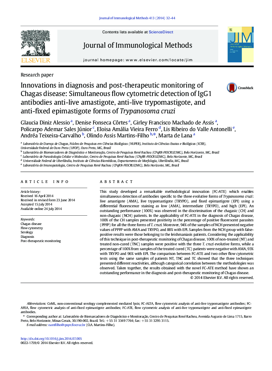 Innovations in diagnosis and post-therapeutic monitoring of Chagas disease: Simultaneous flow cytometric detection of IgG1 antibodies anti-live amastigote, anti-live trypomastigote, and anti-fixed epimastigote forms of Trypanosoma cruzi