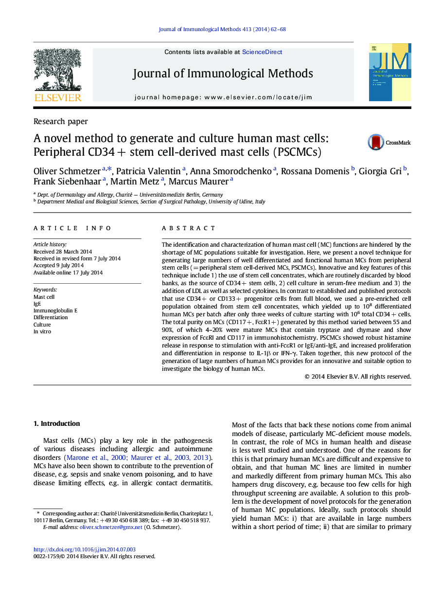 A novel method to generate and culture human mast cells: Peripheral CD34 + stem cell-derived mast cells (PSCMCs)