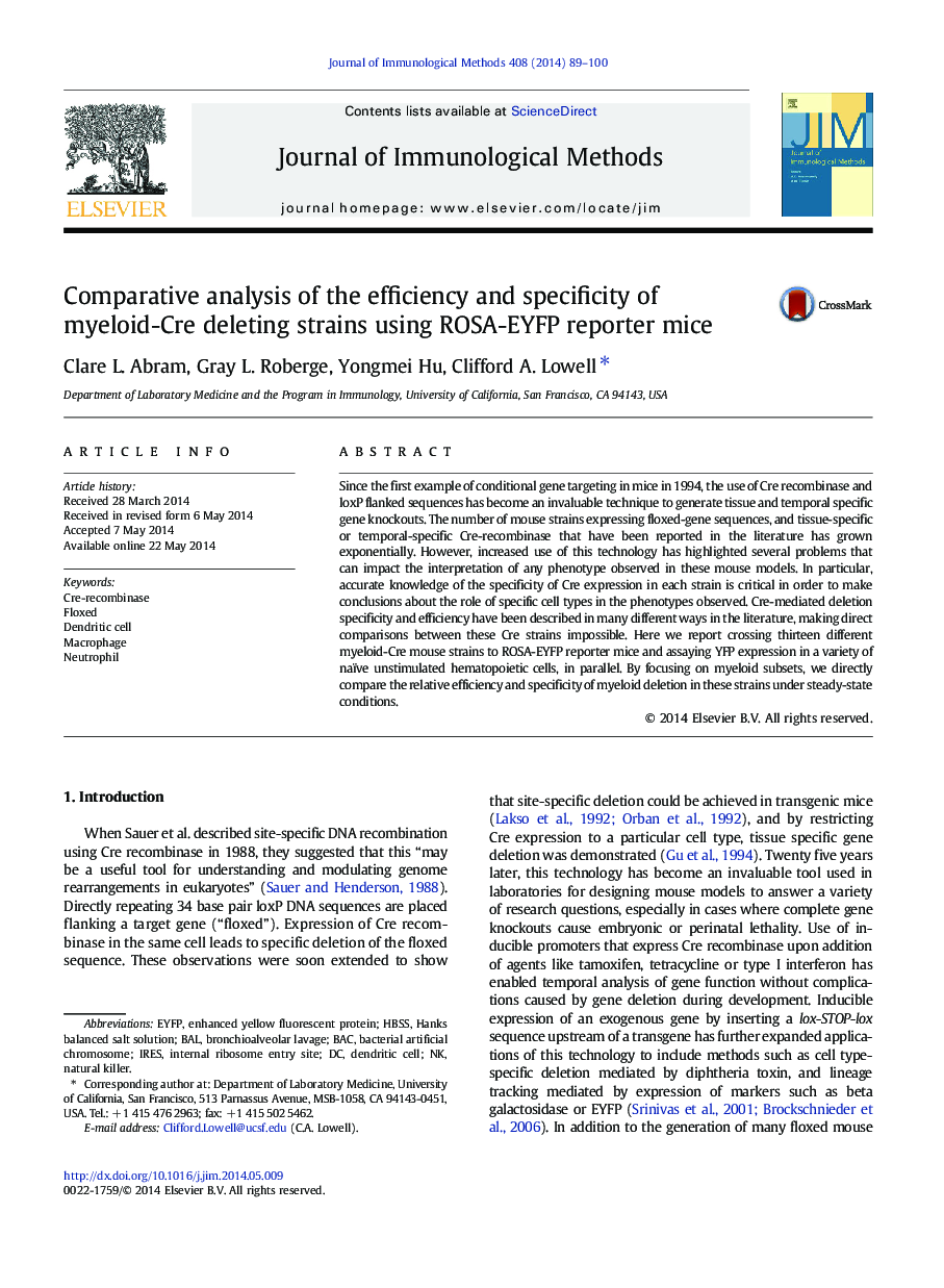 Comparative analysis of the efficiency and specificity of myeloid-Cre deleting strains using ROSA-EYFP reporter mice