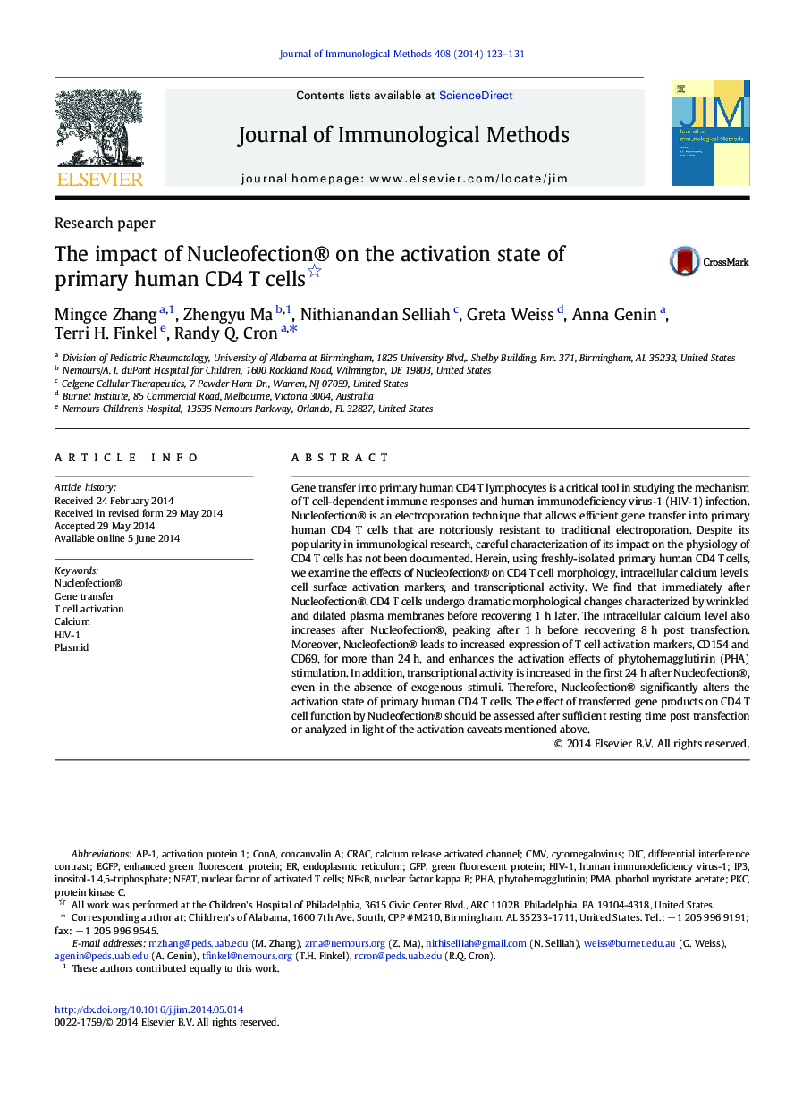 The impact of Nucleofection® on the activation state of primary human CD4 T cells 