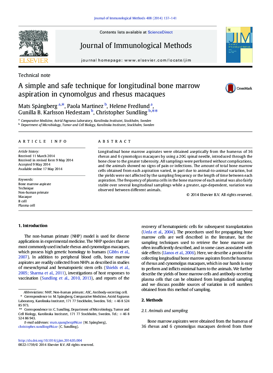 A simple and safe technique for longitudinal bone marrow aspiration in cynomolgus and rhesus macaques