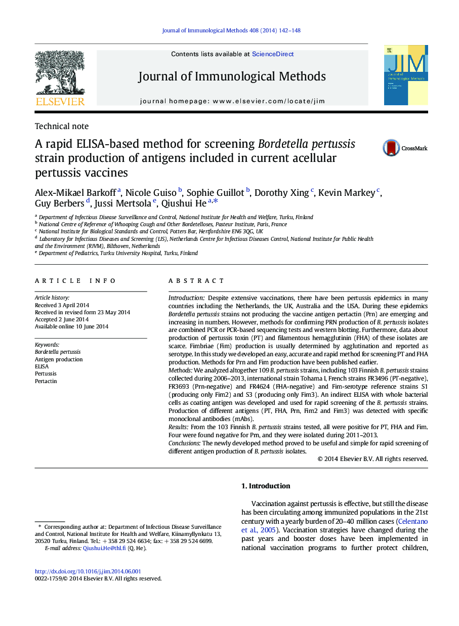 A rapid ELISA-based method for screening Bordetella pertussis strain production of antigens included in current acellular pertussis vaccines