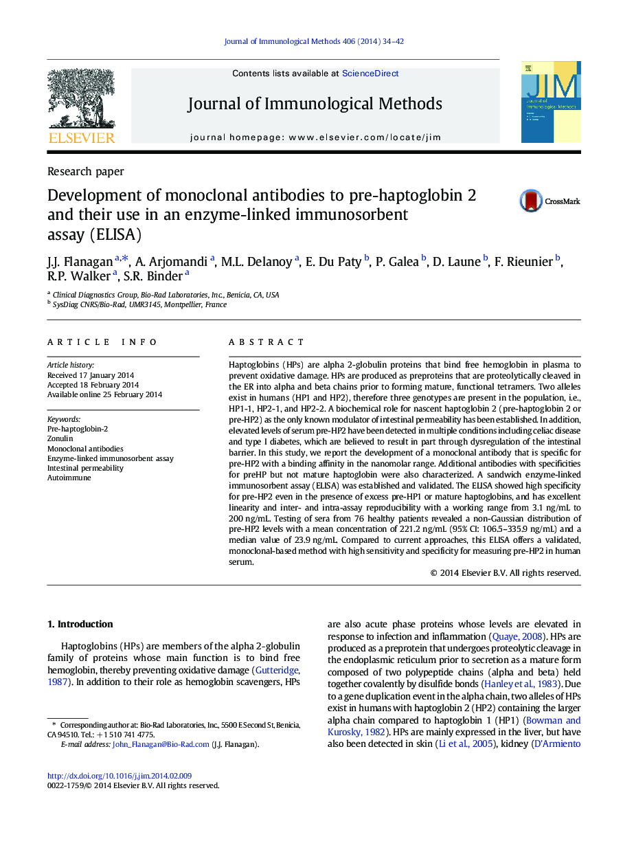 Development of monoclonal antibodies to pre-haptoglobin 2 and their use in an enzyme-linked immunosorbent assay (ELISA)