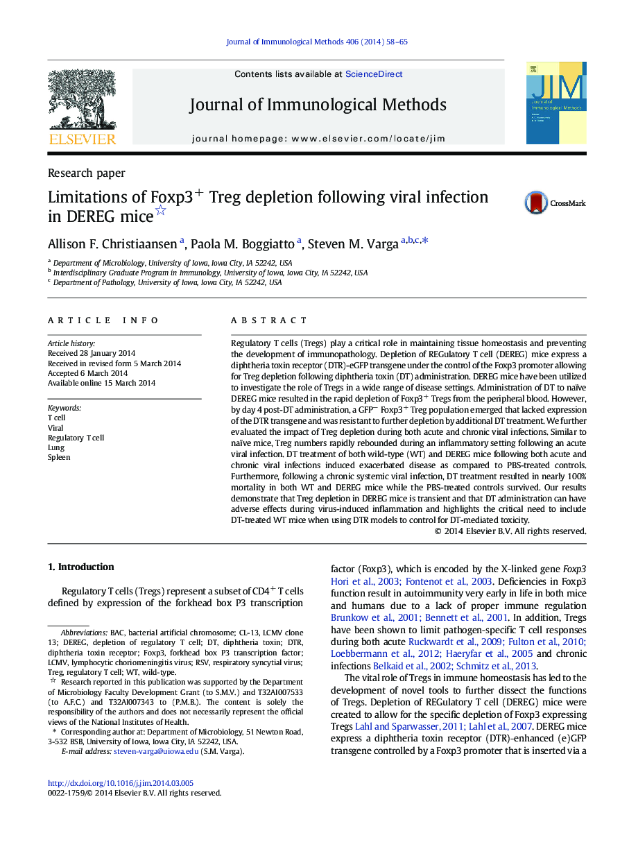 Limitations of Foxp3+ Treg depletion following viral infection in DEREG mice 