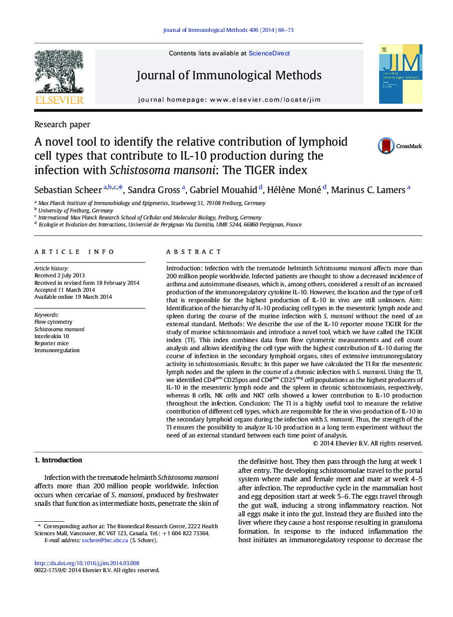 A novel tool to identify the relative contribution of lymphoid cell types that contribute to IL-10 production during the infection with Schistosoma mansoni: The TIGER index