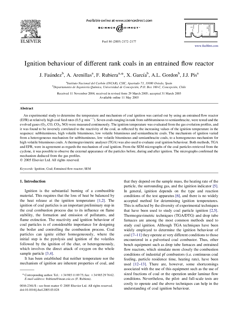 Ignition behaviour of different rank coals in an entrained flow reactor