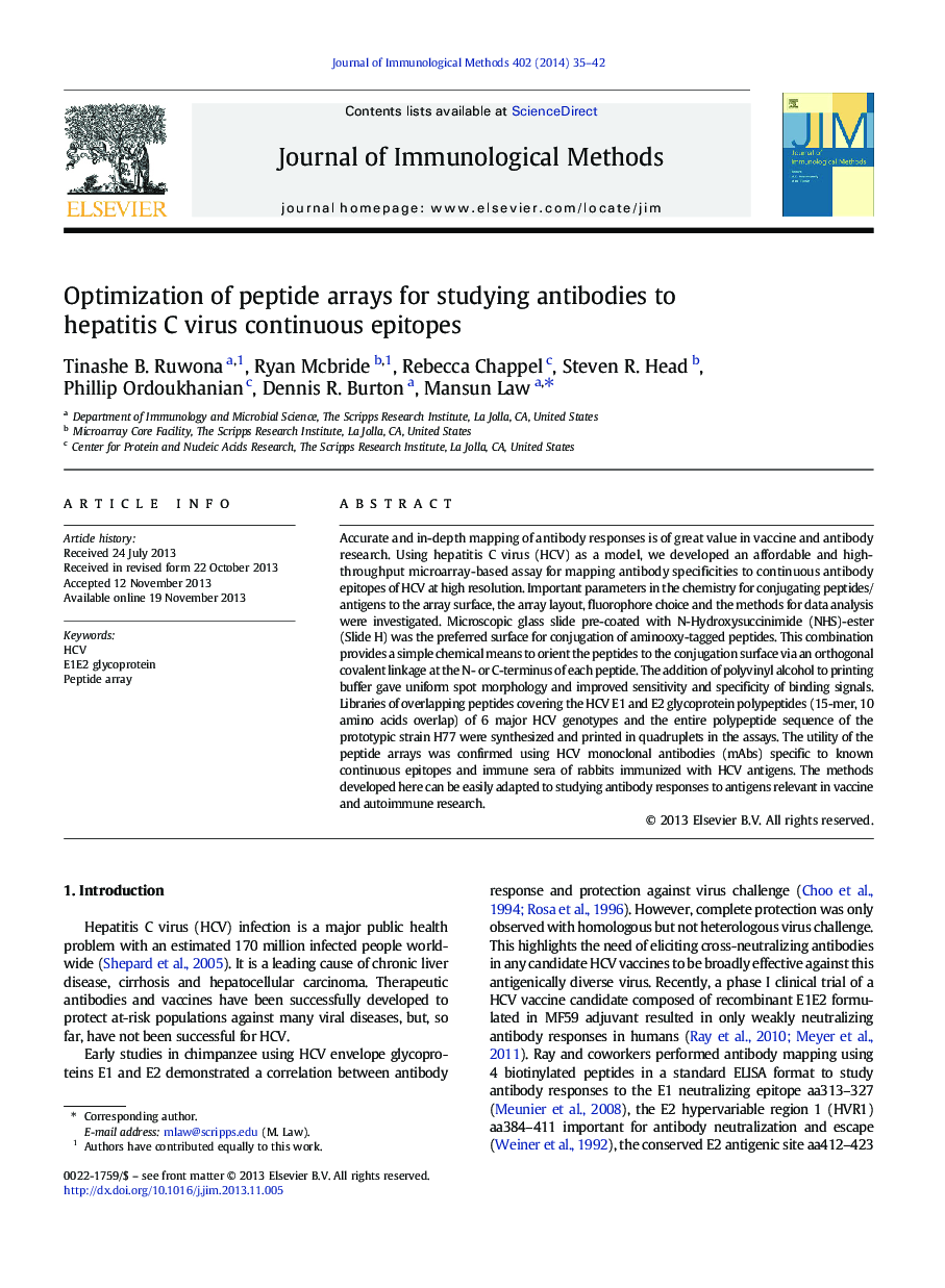 Optimization of peptide arrays for studying antibodies to hepatitis C virus continuous epitopes