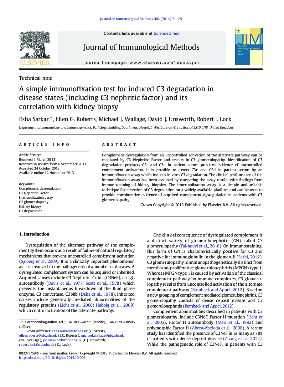 A simple immunofixation test for induced C3 degradation in disease states (including C3 nephritic factor) and its correlation with kidney biopsy