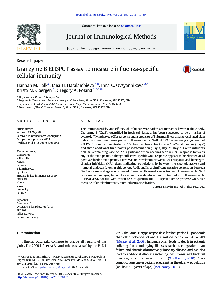 Granzyme B ELISPOT assay to measure influenza-specific cellular immunity