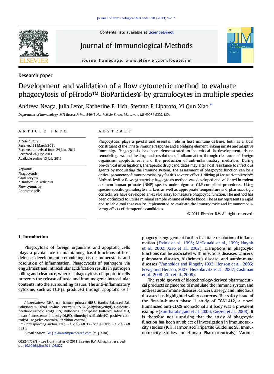 Development and validation of a flow cytometric method to evaluate phagocytosis of pHrodo™ BioParticles® by granulocytes in multiple species