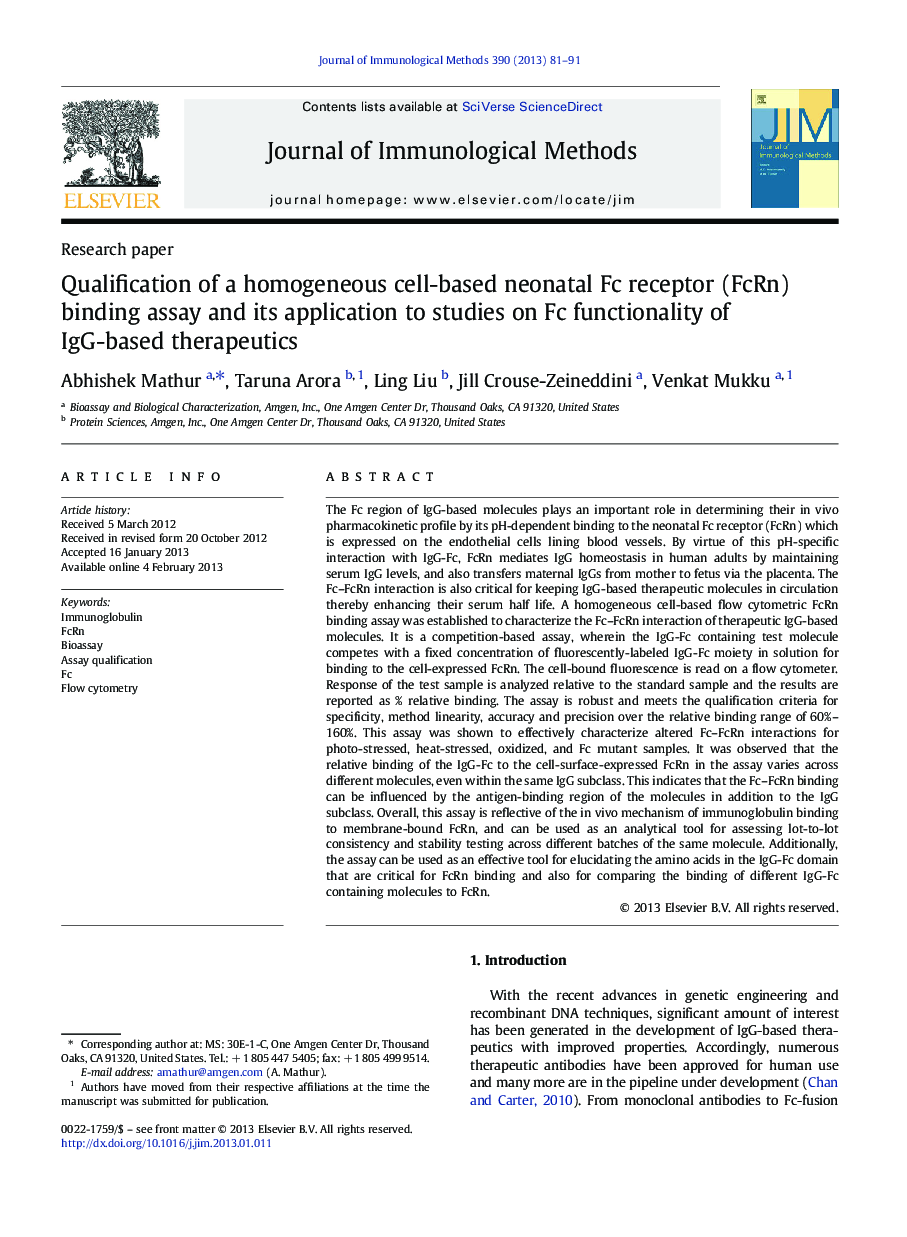 Qualification of a homogeneous cell-based neonatal Fc receptor (FcRn) binding assay and its application to studies on Fc functionality of IgG-based therapeutics