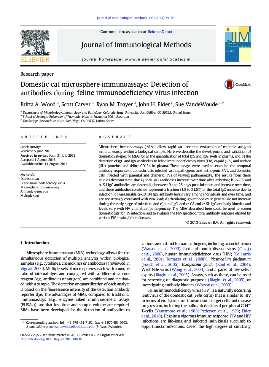 Domestic cat microsphere immunoassays: Detection of antibodies during feline immunodeficiency virus infection