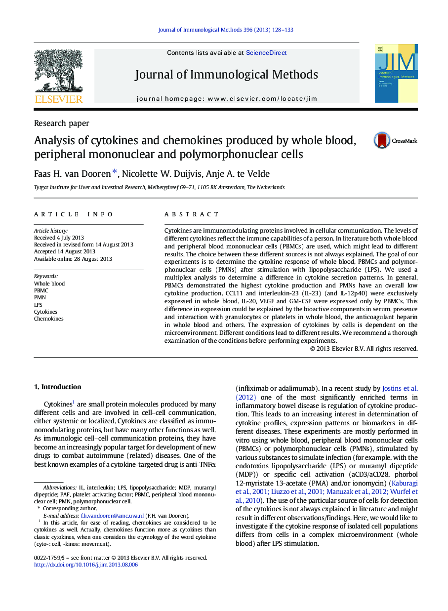 Analysis of cytokines and chemokines produced by whole blood, peripheral mononuclear and polymorphonuclear cells