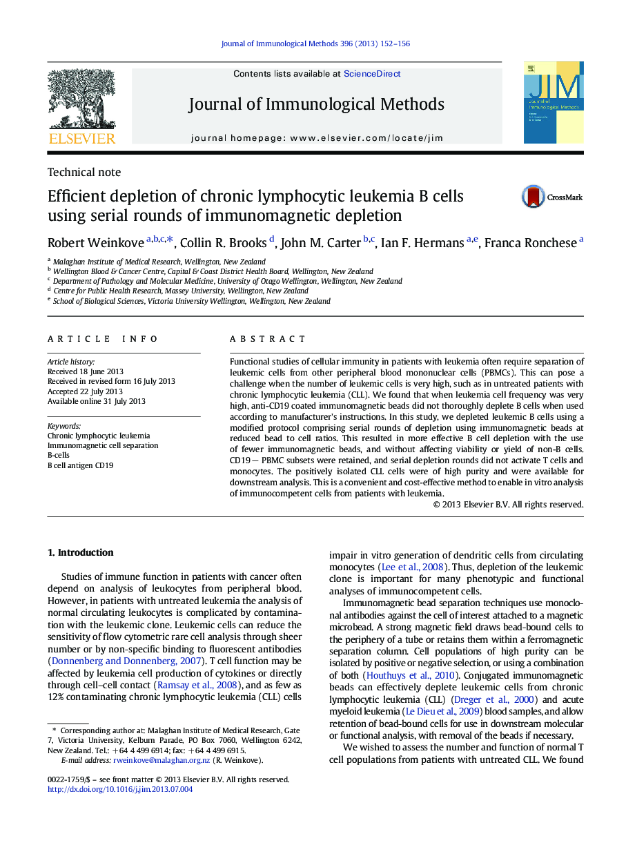 Efficient depletion of chronic lymphocytic leukemia B cells using serial rounds of immunomagnetic depletion