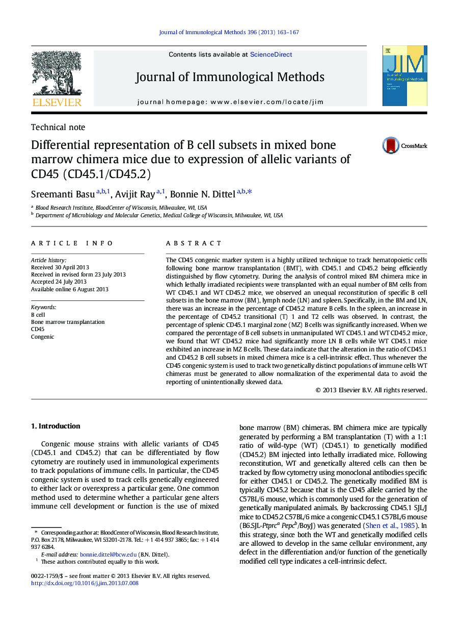 Differential representation of B cell subsets in mixed bone marrow chimera mice due to expression of allelic variants of CD45 (CD45.1/CD45.2)