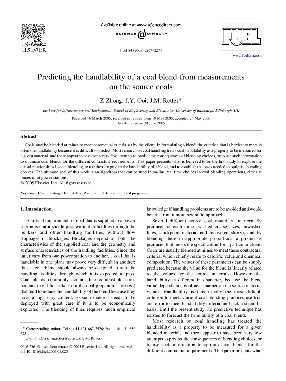 Predicting the handlability of a coal blend from measurements on the source coals